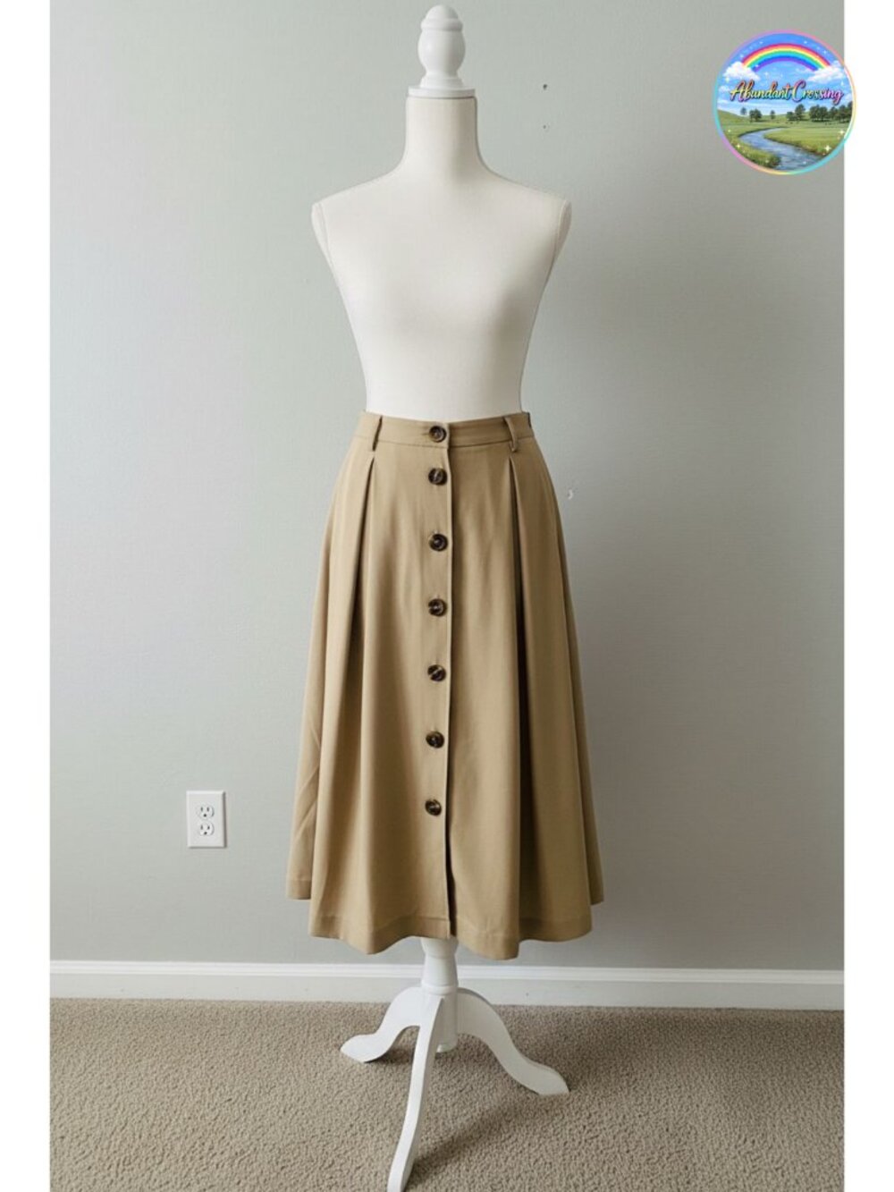 Pleated A-Line Midi Skirt Elastic Waist Button Front Flared Long Skirt with